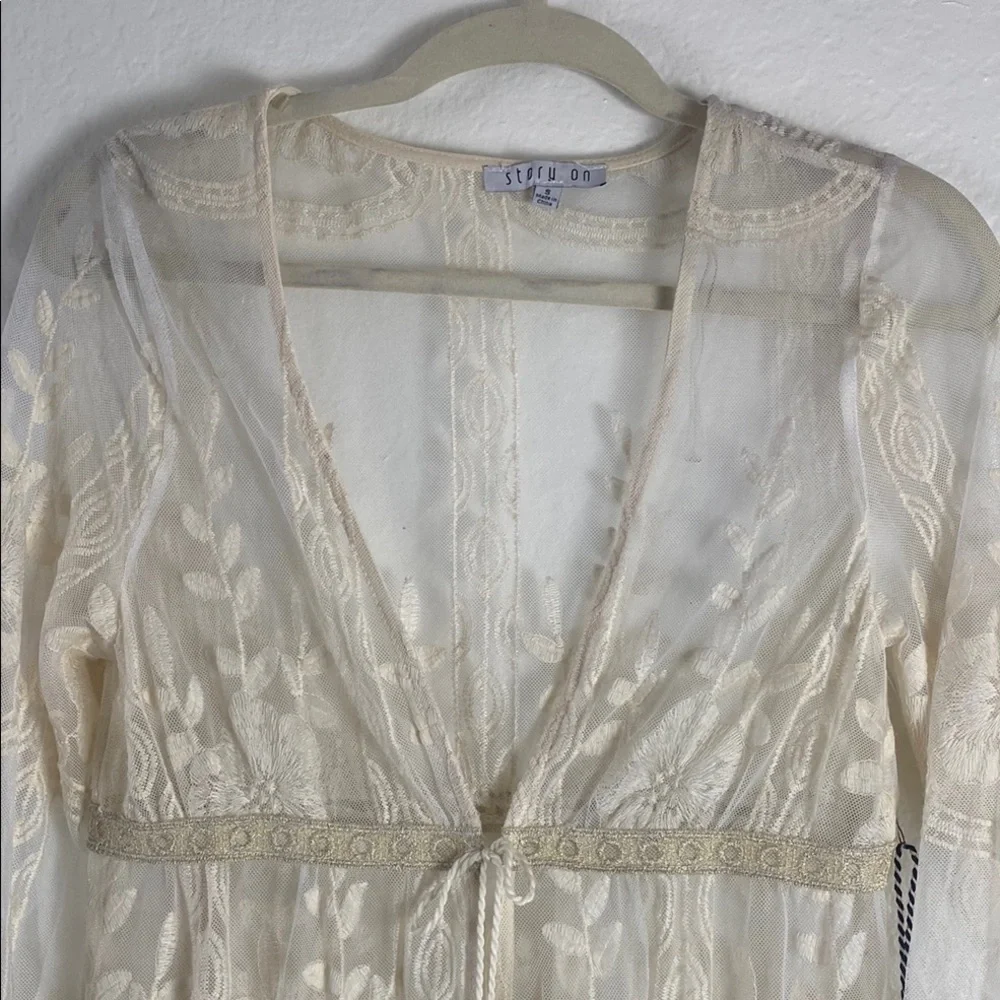Boho Sheer Embroidered Ivory Kimono Cardigan – Festival/Beach Style - Picture 3 of 8
